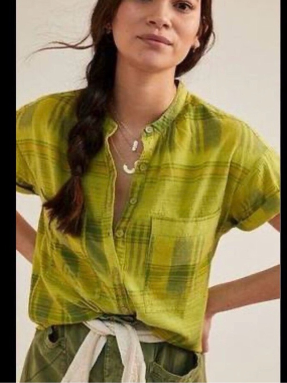 Pilcro Hannah Surf Blouse Green Plaid Short-Sleeve 3 button Shirt, medium